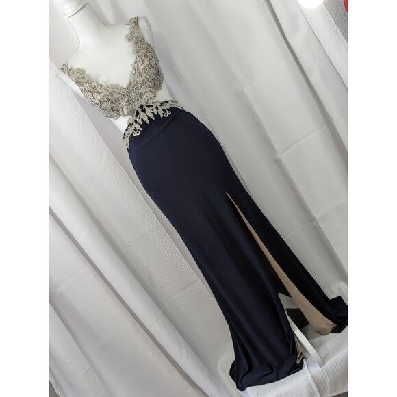 JUMP APPAREL! GLAM JEWELED NUDE LACE BRA TO NAVY WAIST FULL LENGTH GOWN!  3/4 - Picture 10 of 10